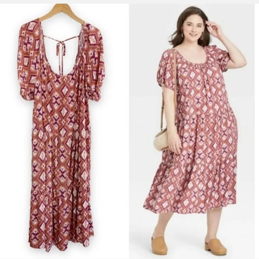 Knox Rose Midi Dress Puff Sleeve Tiered A-Line Boho Paisley Cognac Woman Med New